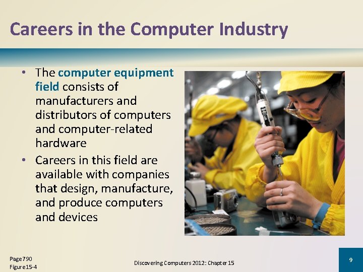 Careers in the Computer Industry • The computer equipment field consists of manufacturers and