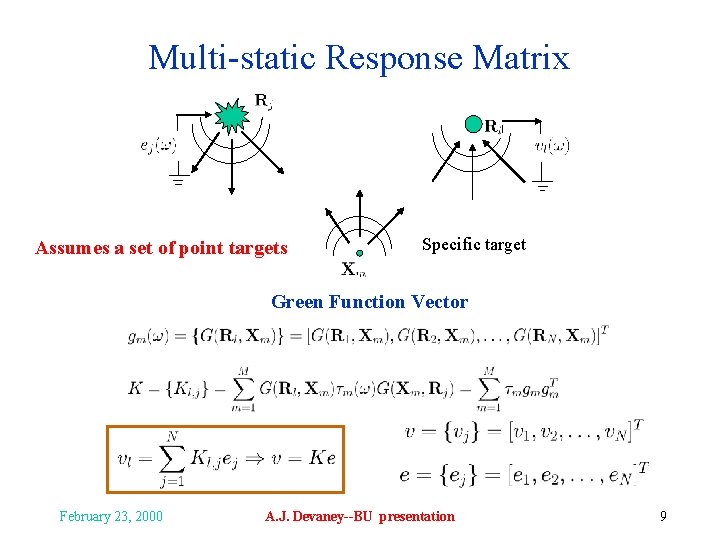 Multi-static Response Matrix Assumes a set of point targets Specific target Green Function Vector