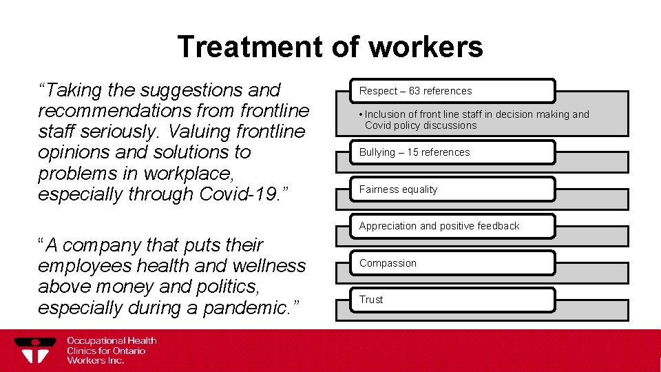 Treatment of workers “Taking the suggestions and recommendations from frontline staff seriously. Valuing frontline
