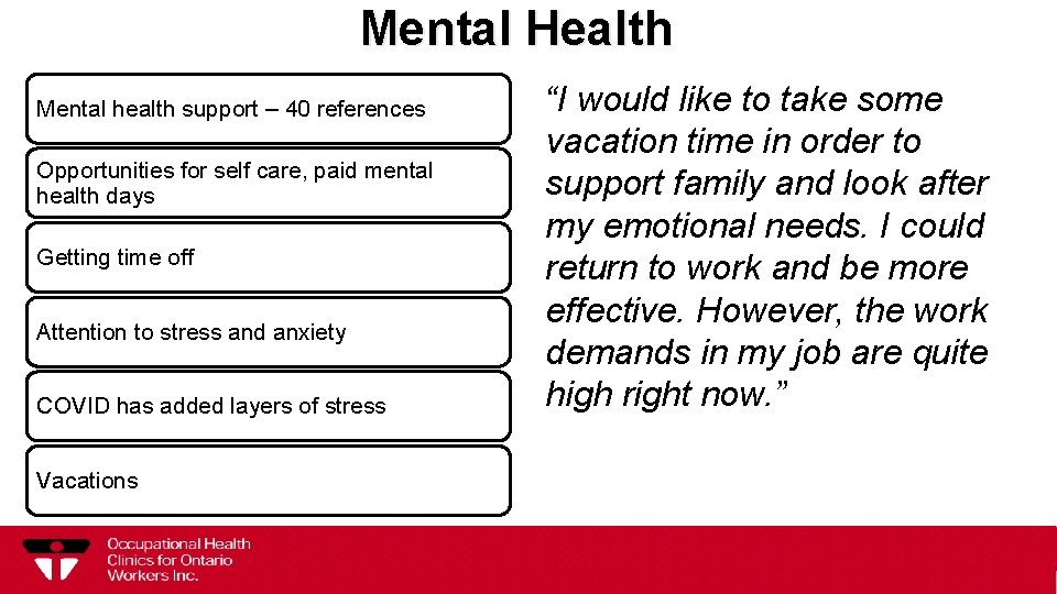 Mental Health Mental health support – 40 references Opportunities for self care, paid mental