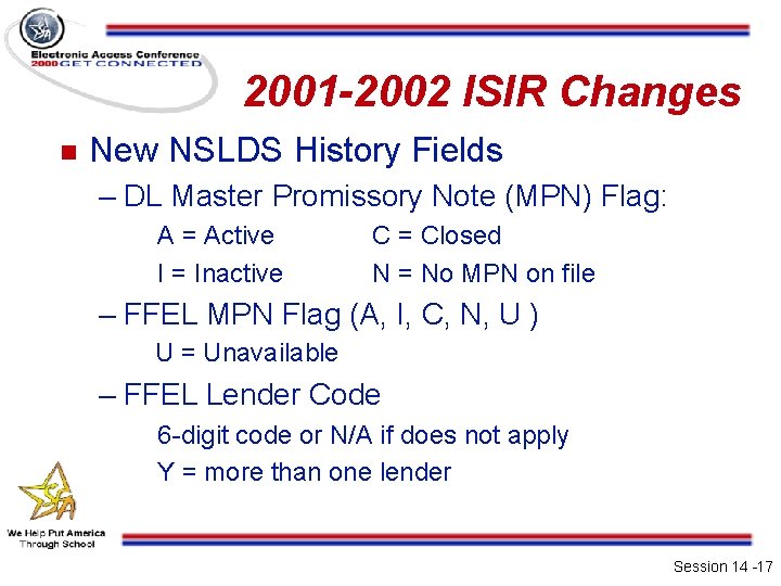2001 -2002 ISIR Changes n New NSLDS History Fields – DL Master Promissory Note