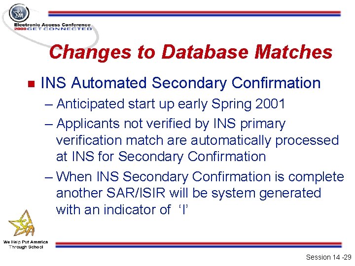 Changes to Database Matches n INS Automated Secondary Confirmation – Anticipated start up early