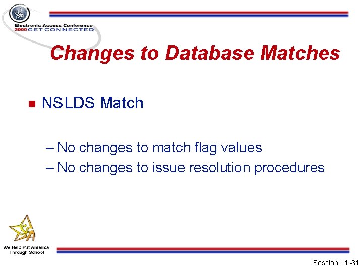 Changes to Database Matches n NSLDS Match – No changes to match flag values