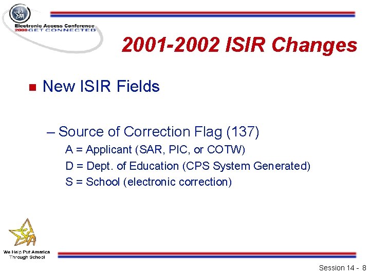 2001 -2002 ISIR Changes n New ISIR Fields – Source of Correction Flag (137)
