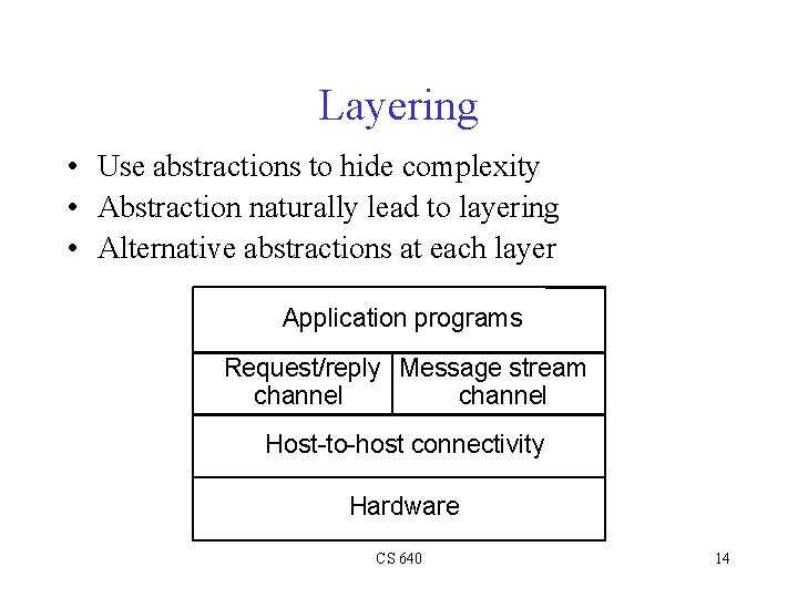 Layering • Use abstractions to hide complexity • Abstraction naturally lead to layering •