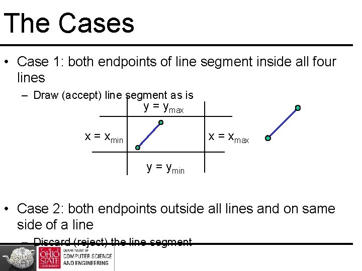 The Cases • Case 1: both endpoints of line segment inside all four lines