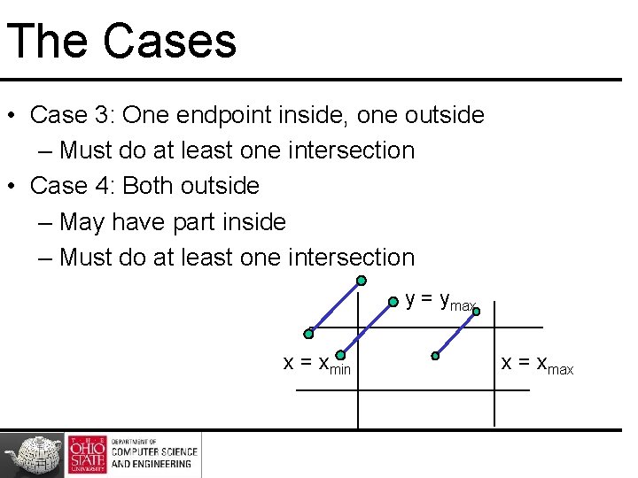 The Cases • Case 3: One endpoint inside, one outside – Must do at