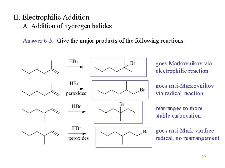 II. Electrophilic Addition A. Addition of hydrogen halides Answer 6 -5. Give the major