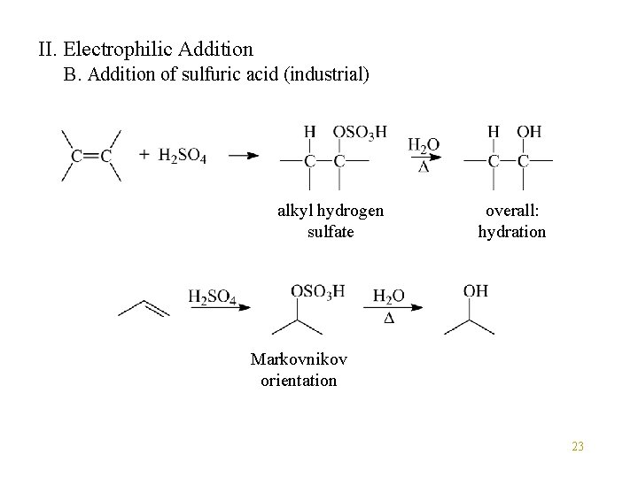 II. Electrophilic Addition B. Addition of sulfuric acid (industrial) alkyl hydrogen sulfate overall: hydration