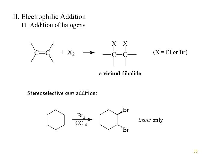 II. Electrophilic Addition D. Addition of halogens (X = Cl or Br) a vicinal