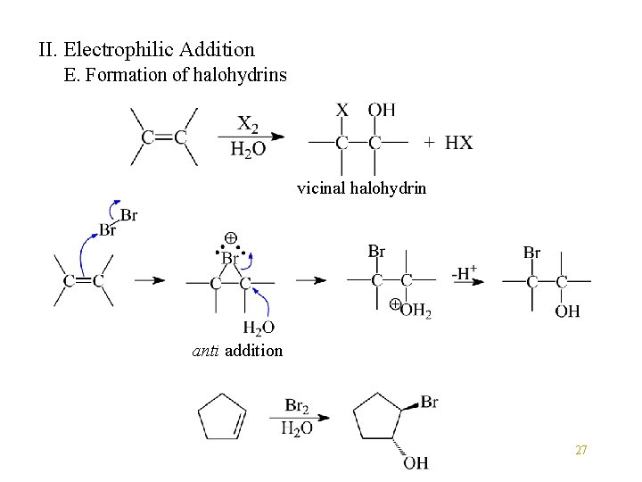 II. Electrophilic Addition E. Formation of halohydrins vicinal halohydrin anti addition 27 