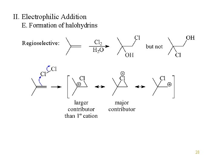 II. Electrophilic Addition E. Formation of halohydrins Regioselective: 28 