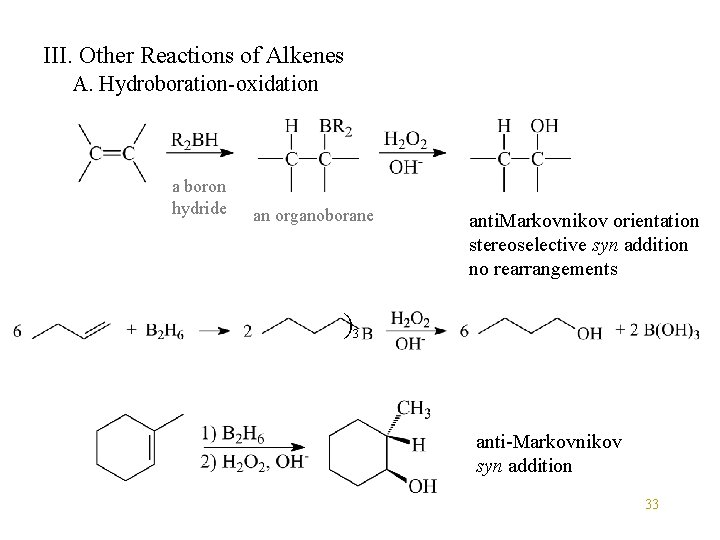 III. Other Reactions of Alkenes A. Hydroboration-oxidation a boron hydride an organoborane anti. Markovnikov III. Other Reactions of Alkenes A. Hydroboration-oxidation a boron hydride an organoborane anti. Markovnikov