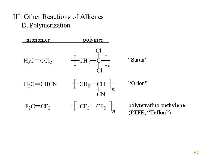 III. Other Reactions of Alkenes D. Polymerization monomer polymer “Saran” “Orlon” polytetrafluoroethylene (PTFE, “Teflon”)