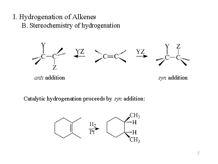 I. Hydrogenation of Alkenes B. Stereochemistry of hydrogenation anti addition syn addition Catalytic hydrogenation