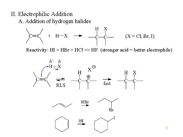 II. Electrophilic Addition A. Addition of hydrogen halides (X = Cl, Br, I) Reactivity: