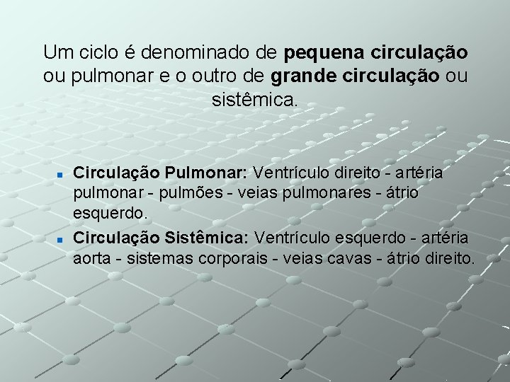 Um ciclo é denominado de pequena circulação ou pulmonar e o outro de grande