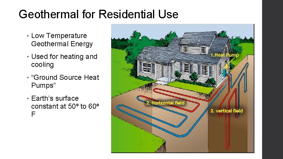 Geothermal for Residential Use • Low Temperature Geothermal Energy • Used for heating and