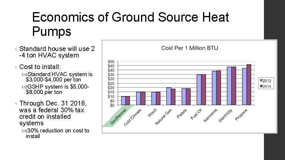 Economics of Ground Source Heat Pumps • Standard house will use 2 -4 ton