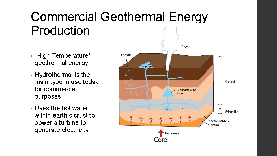 Commercial Geothermal Energy Production • “High Temperature” geothermal energy • Hydrothermal is the main