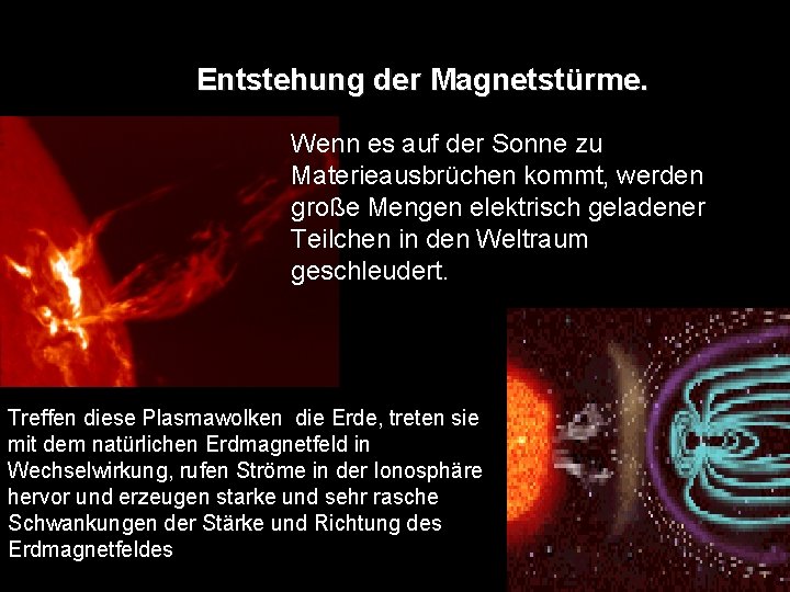 Entstehung der Magnetstürme. Wenn es auf der Sonne zu Materieausbrüchen kommt, werden große Mengen