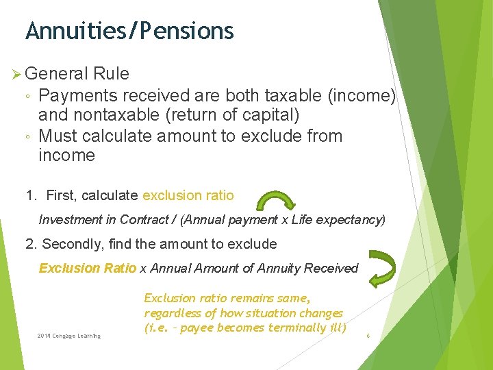 Annuities/Pensions Ø General Rule ◦ Payments received are both taxable (income) and nontaxable (return