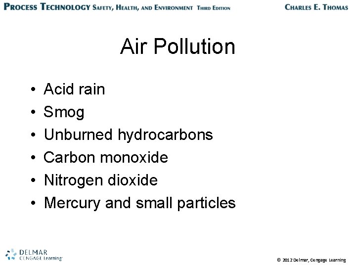Air Pollution • • • Acid rain Smog Unburned hydrocarbons Carbon monoxide Nitrogen dioxide