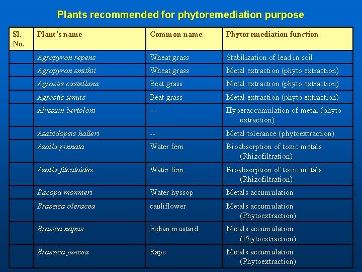 Plants recommended for phytoremediation purpose Sl. No. Plant’s name Common name Phytoremediation function Agropyron