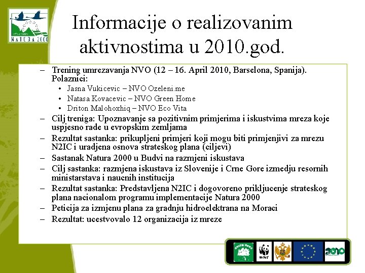 Informacije o realizovanim aktivnostima u 2010. god. – Trening umrezavanja NVO (12 – 16.
