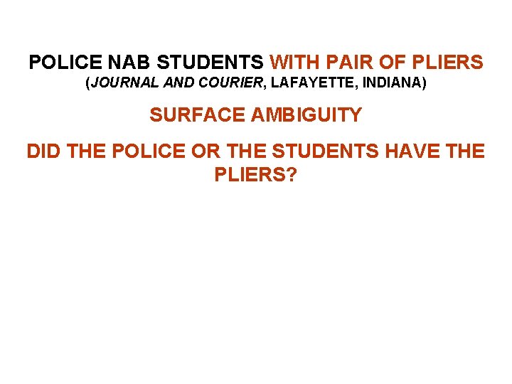 POLICE NAB STUDENTS WITH PAIR OF PLIERS (JOURNAL AND COURIER, LAFAYETTE, INDIANA) SURFACE AMBIGUITY