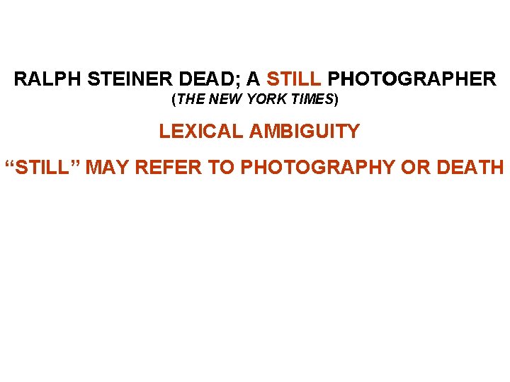 RALPH STEINER DEAD; A STILL PHOTOGRAPHER (THE NEW YORK TIMES) LEXICAL AMBIGUITY “STILL” MAY