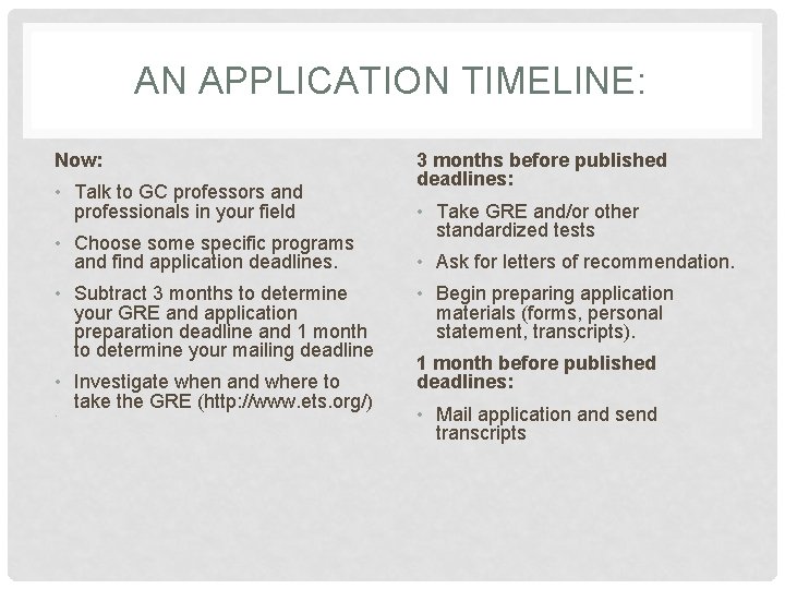 AN APPLICATION TIMELINE: Now: • Talk to GC professors and professionals in your field