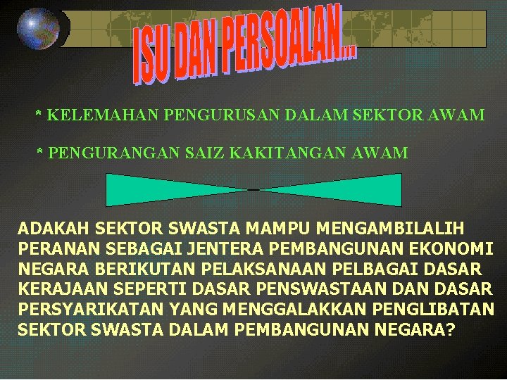 * KELEMAHAN PENGURUSAN DALAM SEKTOR AWAM * PENGURANGAN SAIZ KAKITANGAN AWAM ADAKAH SEKTOR SWASTA