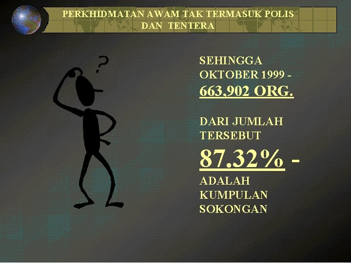 PERKHIDMATAN AWAM TAK TERMASUK POLIS DAN TENTERA SEHINGGA OKTOBER 1999 - 663, 902 ORG.