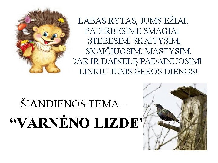 D LABAS RYTAS, JUMS EŽIAI, PADIRBĖSIME SMAGIAI STEBĖSIM, SKAITYSIM, SKAIČIUOSIM, MĄSTYSIM, DAR IR DAINELĘ