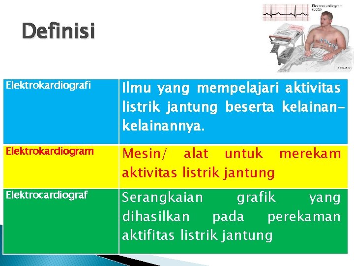 Definisi Elektrokardiografi Ilmu yang mempelajari aktivitas listrik jantung beserta kelainannya. Elektrokardiogram Mesin/ alat untuk