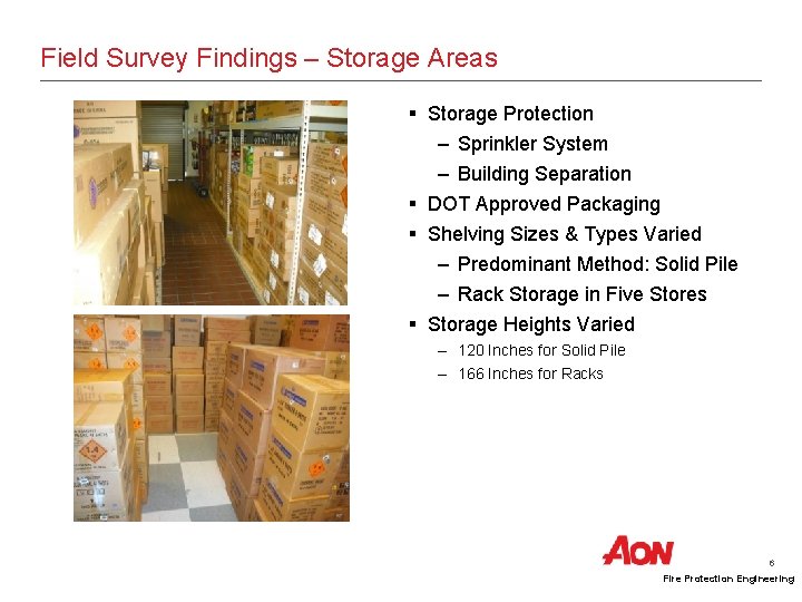 Field Survey Findings – Storage Areas § Storage Protection – Sprinkler System – Building