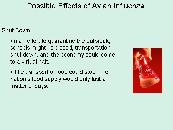 Possible Effects of Avian Influenza Shut Down • In an effort to quarantine the