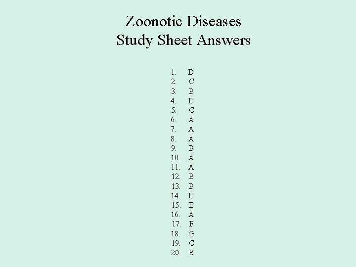 Zoonotic Diseases Study Sheet Answers 1. 2. 3. 4. 5. 6. 7. 8. 9.
