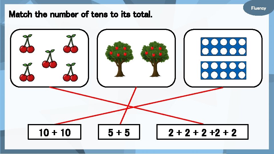 Fluency Match the number of tens to its total. 10 + 10 5+5 2