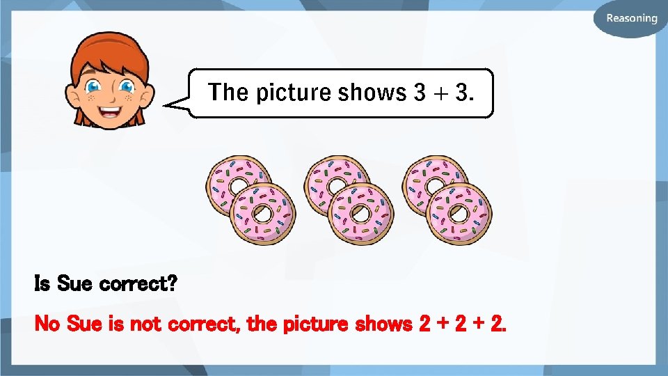 The picture shows 3 + 3. Is Sue correct? No Sue is not correct,