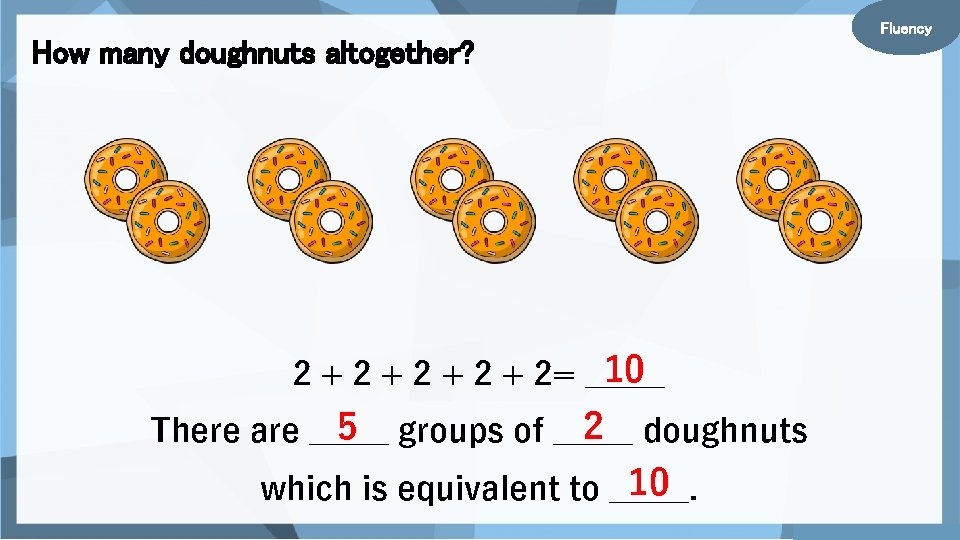 How many doughnuts altogether? 10 2 + 2 + 2= _____ 5 groups of