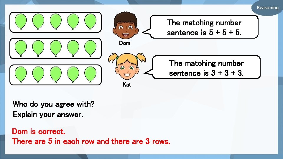 The matching number sentence is 5 + 5. Dom The matching number sentence is