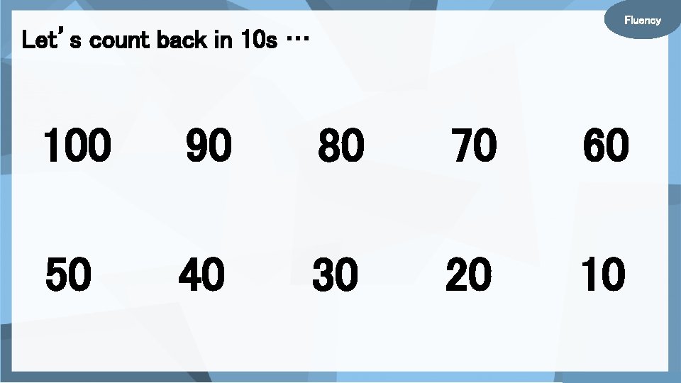 Fluency Let’s count back in 10 s … 100 90 80 70 60 50