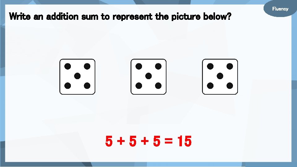 Write an addition sum to represent the picture below? 5 + 5 = 15