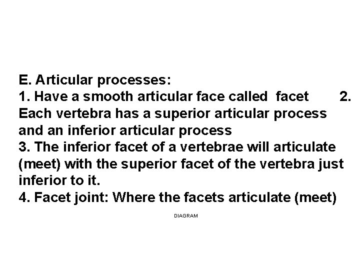 E. Articular processes: 1. Have a smooth articular face called facet 2. Each vertebra