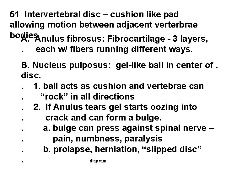 51 Intervertebral disc – cushion like pad allowing motion between adjacent verterbrae bodies A.