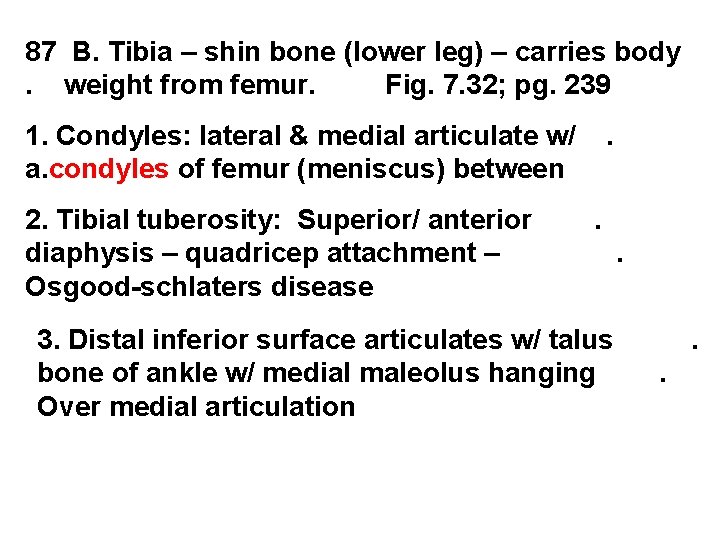 87 B. Tibia – shin bone (lower leg) – carries body. weight from femur.