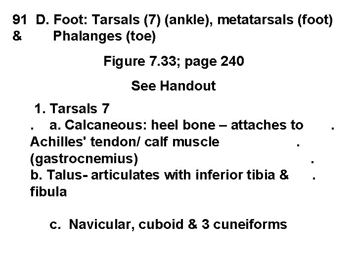 91 D. Foot: Tarsals (7) (ankle), metatarsals (foot) & Phalanges (toe) Figure 7. 33;