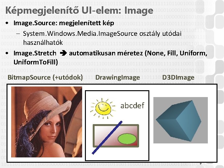 Képmegjelenítő UI-elem: Image • Image. Source: megjelenített kép – System. Windows. Media. Image. Source